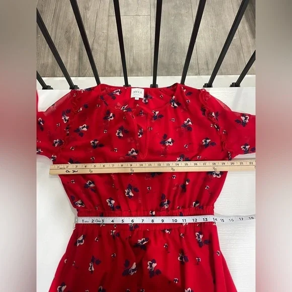 MISA‎ LOS ANGELES Raquel Red Floral Two Layer Semi Sheer Midi Dress Sz S - Picture 9 of 10